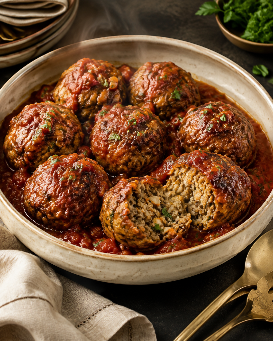 Slow-simmered meatballs in rich tomato sauce