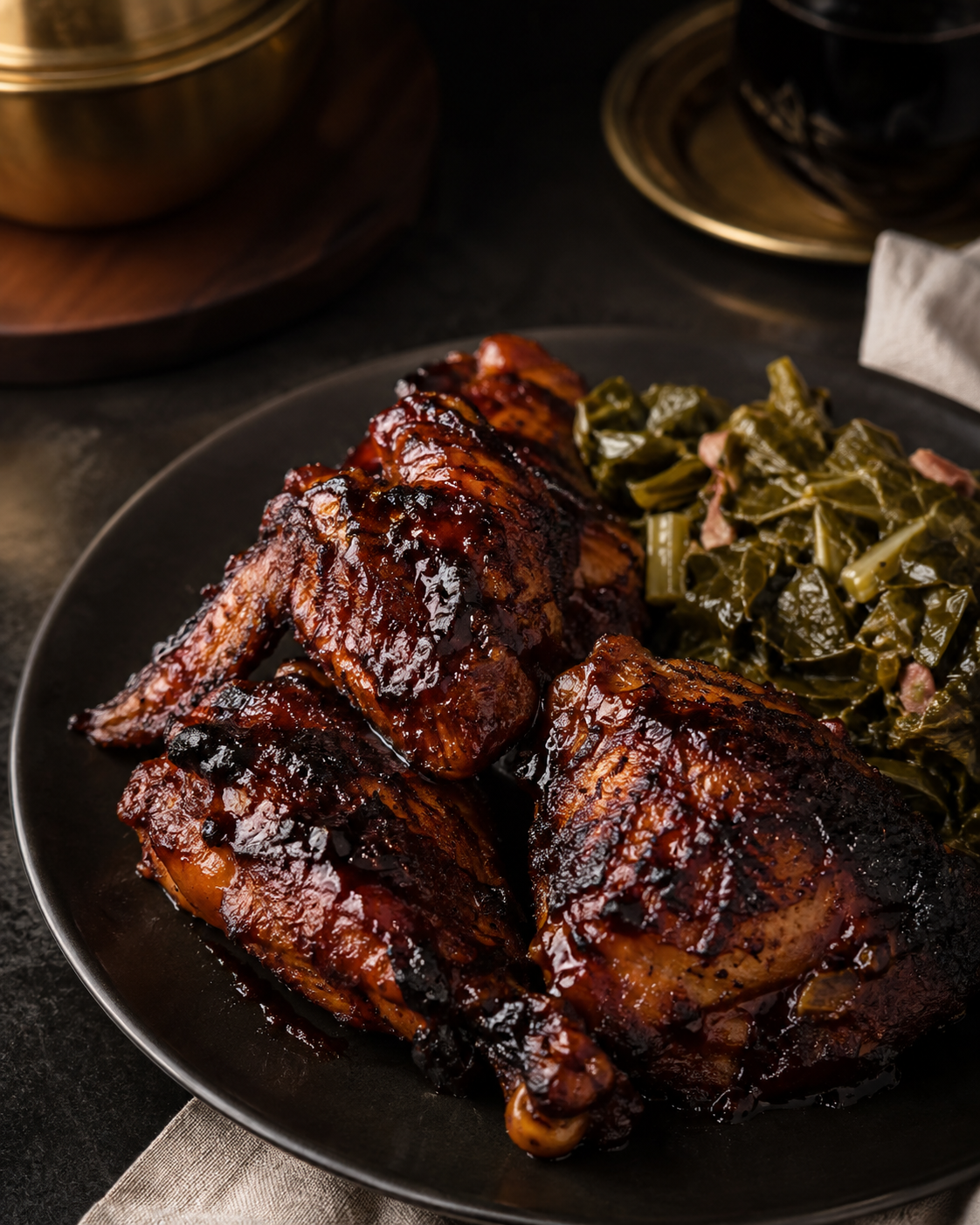 Jerk-style chicken with collard greens