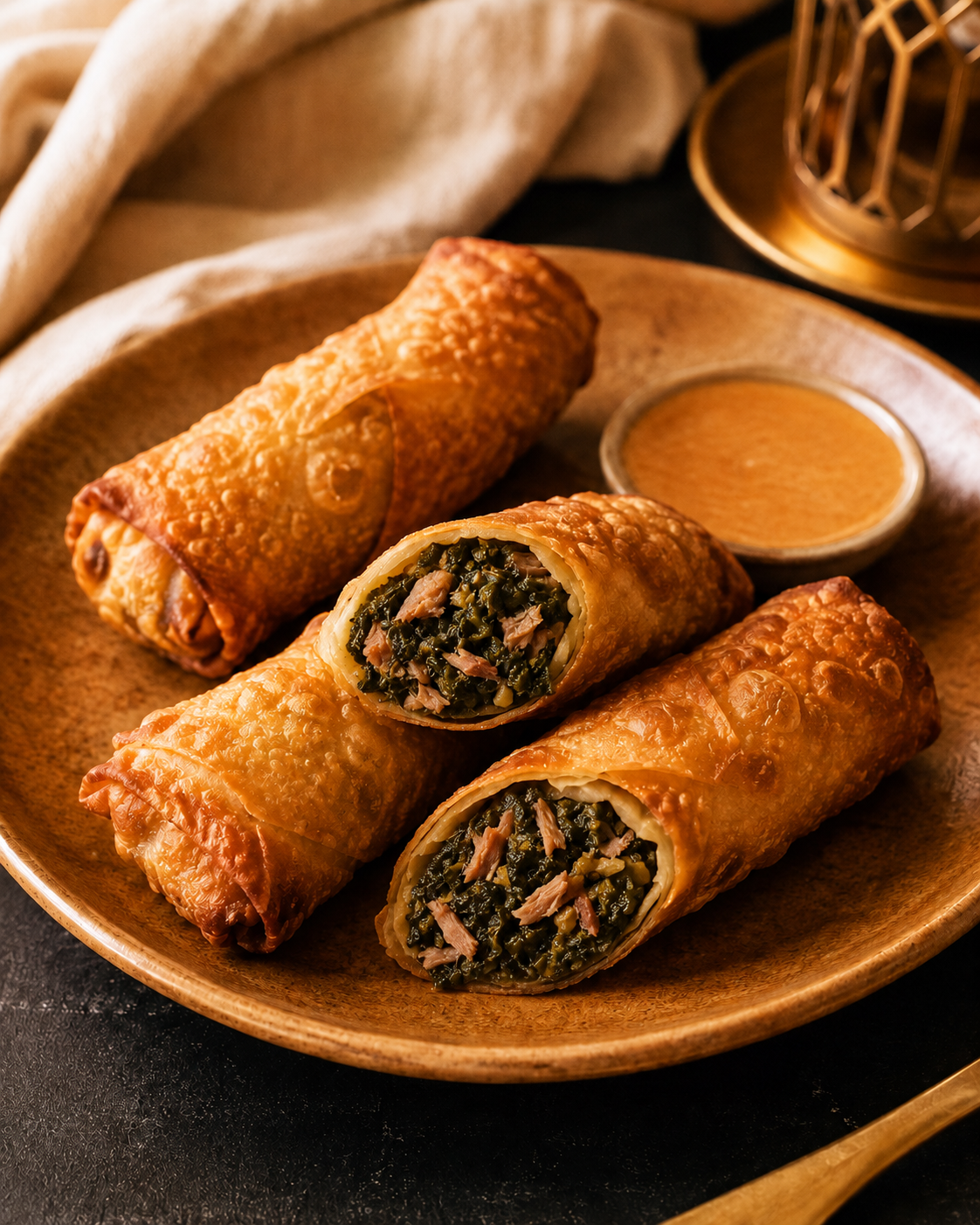 Crispy collard greens and smoked turkey egg rolls with dipping sauce