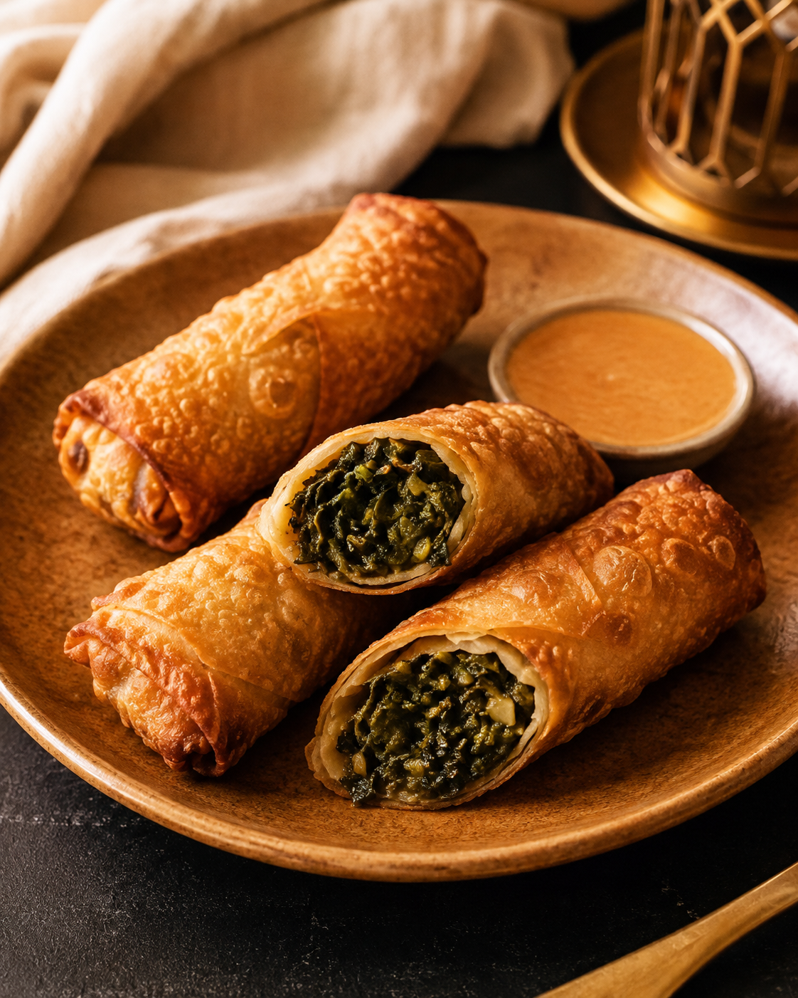 Crispy stuffed rolls with greens and dipping sauce